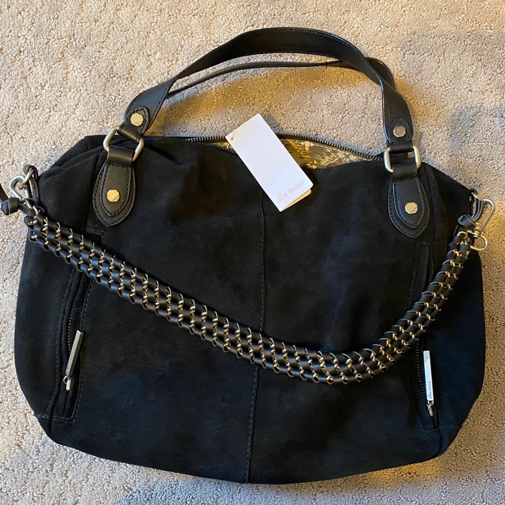 NWT black suede and leather boho satchel handbag